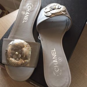 Chanel calfskin python camellia sandals mules